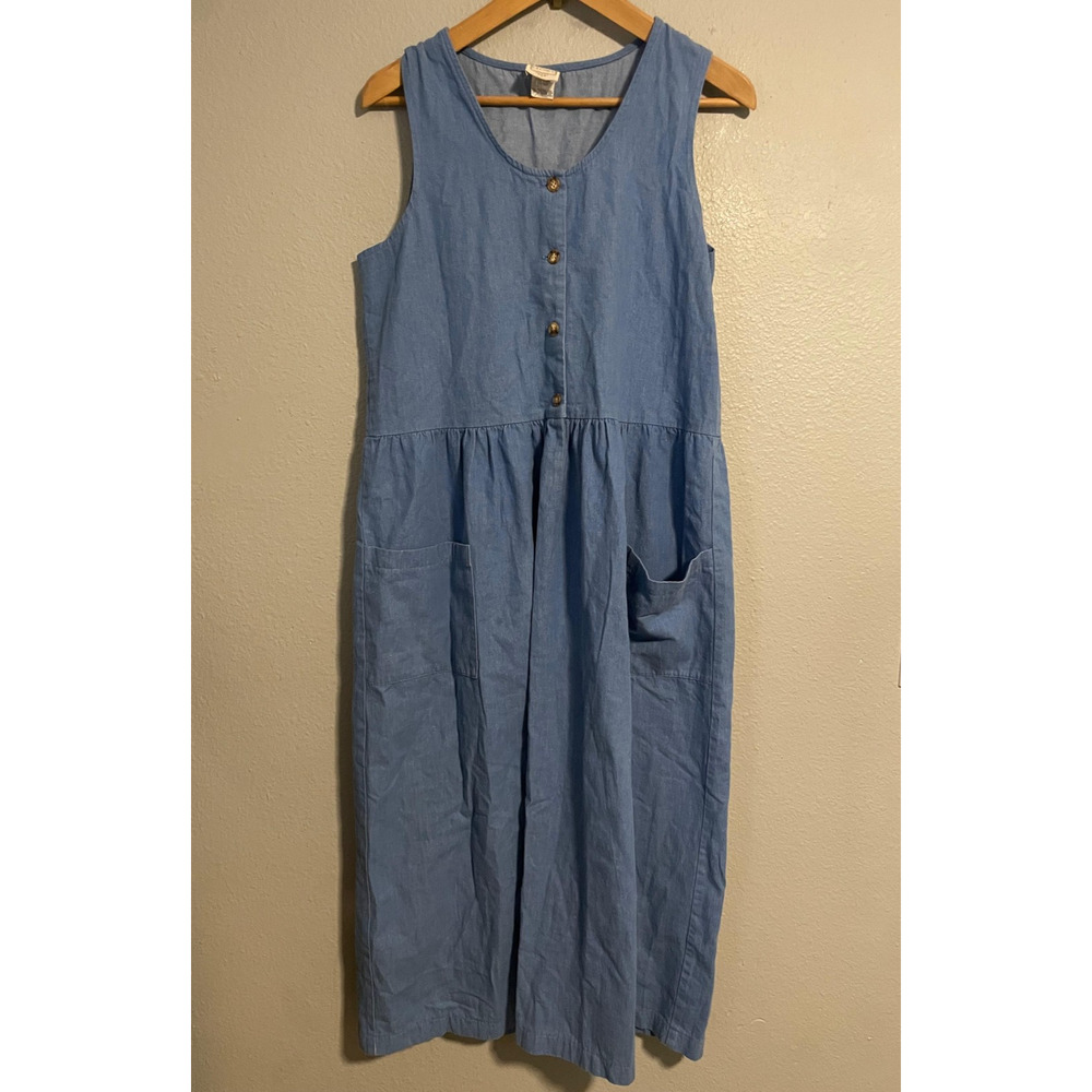 Vintage Pams Closet Dress Womens Small Blue Chambray Button Front Midi Prairie